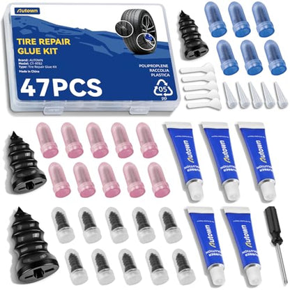 AUTOWN 47PCS Tire Repair Rubber Nail Kit - Complete Screw Plug Kit with Glue, Fast Fix for Flat Tires on Car, Truck, Motorcycle, SUV & More - size: 47PCS