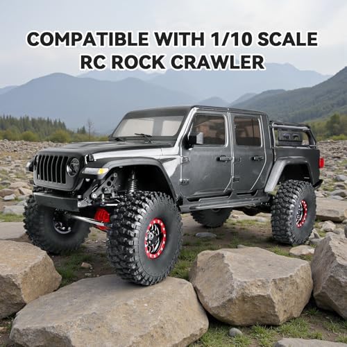 RC Crawler 1.9 Beadlock Wheels and Tires Set for 1/10 Scale Axial SCX10 TRX4 RC4WD Redcat Gen8 Gen7 Rock Crawling All Terrain - color: Red Rims