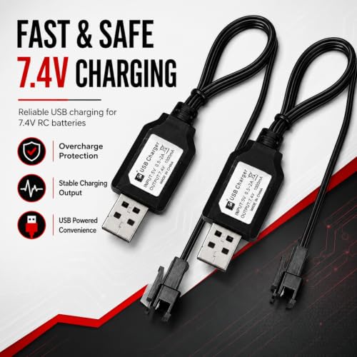 7.4V SM-3PIN RC Car Charger for Li-Ion Battery | Fast Charging & Overcharge Protection | Compatible with Remote Control Toys Battery, Universal Charger for 2S 7.4V LiPo/Li-Ion Batteries (2Pack)