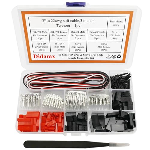 50 Sets JST Servo Connectors Male Female Crimp Pin and Cable Kit with Crimping Tool Compatible for Hitec, Futaba, Spektrum Model Airplanes and RC Cars