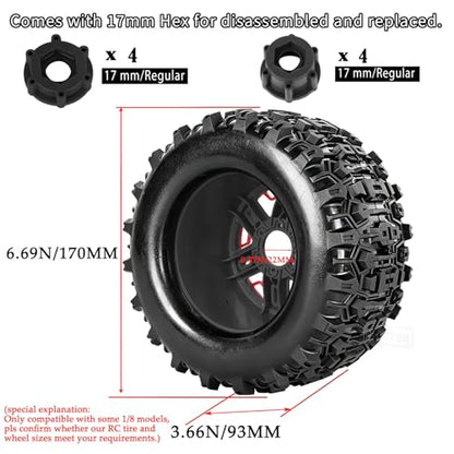 RC Wheels and Tires Set(4PCS) for 1/8 1/10 Monster Truck Tires,Traxx as/Arrm a 6S/Summi t/E Rveo/T-Maxx RC Off-Road etc,17mm Hex Tire and Wheels/Plastic Rims,Red and Black - color: Red and Black-(wheels Tires)