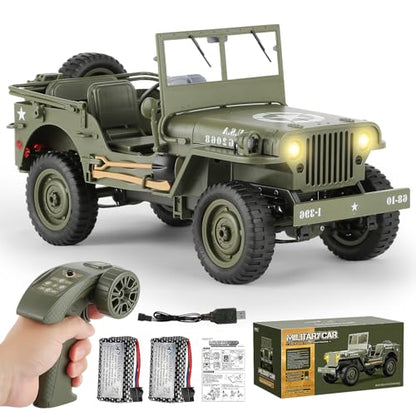 1/10 Scale RC Military SUV, Remote Control 4WD Off-Road Vehicle with Alloy Frame Chassis, Army Vehicle with Opening Hood and Folding Windshield, 2 Batteries - color: Rc Car +2 Battery