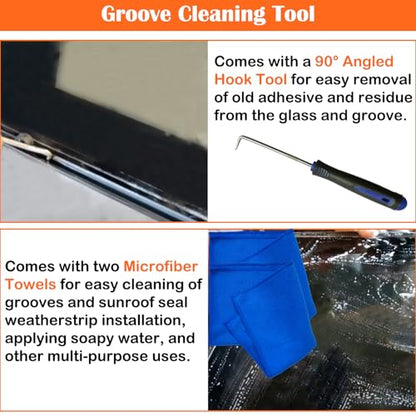 5Pcs Car Weatherstrip Installation & Cleaning Tool Kit – 2 Microfiber Towels, Groove Brush, Dual-Head ABS Shovel & 90° Metal Hook for Trim Groove, Roof Seal & Sunroof Strip