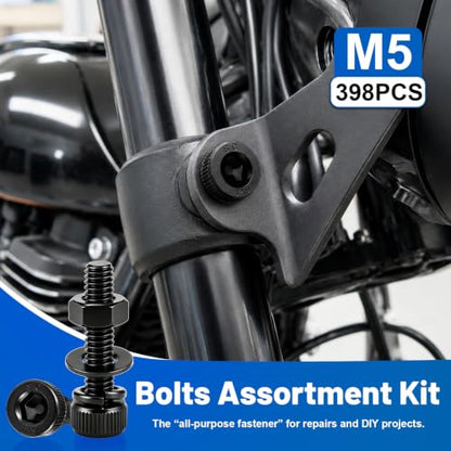 398PCS M5 Socket Head Cap Bolts Kit with Nuts, Flat & Spring Washers | 12.9 Grade Alloy Steel Black Zinc Plated Screws M5-0.8 x8/10/12/16/20/25/30/35 mm Metric Fastener for 3D printer, Furniture - size: G12.9 M5 398PCS