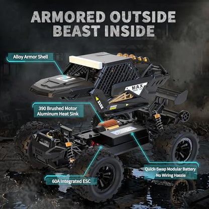 1/16 4X4 Off-Road High-Speed 50+KM/H(Peak) Alloy RC Cars Monster Truck - 390 Motor Durable axle & Suspension RC Truck | 3000mAh Batteries | rc Cars Toys Birthday for Teens Aged 14+ - color: Black