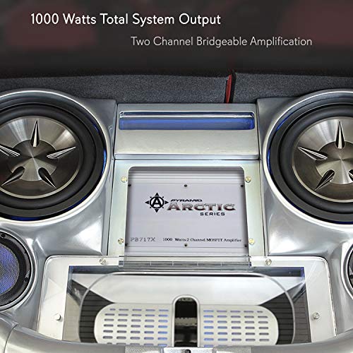 Pyramid 2 Channel Car Stereo Amplifier - 1000W Dual Channel Bridgeable High Power MOSFET Audio Sound Auto Small Speaker Amp Box w/ Crossover, Variable Gain Control, RCA IN/OUT, LED Indicators PB717X