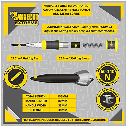SabreCut 1pc AHPSC01 Automatic Variable Force Centre Punch & Scribe | Adjustable 60-140N spring force and hardened S2 tip mark metal, wood and plastic with heavy duty accuracy