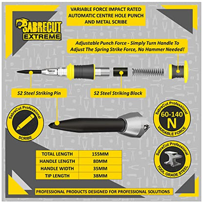 SabreCut 1pc AHPSC01 Automatic Variable Force Centre Punch & Scribe | Adjustable 60-140N spring force and hardened S2 tip mark metal, wood and plastic with heavy duty accuracy