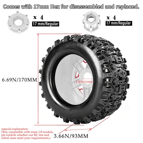 RC Wheels and Tires Set(4PCS) for 1/8 1/10 Monster Truck Tires,Traxx as/Arrm a 6S/Summi t/E Rveo/T-Maxx RC Off-Road etc,17mm Hex Tire and Wheels/Plastic Rims,Red and White - color: Red and White-(wheels Tires)
