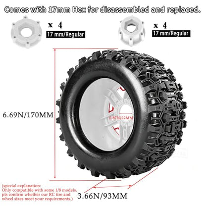 RC Wheels and Tires Set(4PCS) for 1/8 1/10 Monster Truck Tires,Traxx as/Arrm a 6S/Summi t/E Rveo/T-Maxx RC Off-Road etc,17mm Hex Tire and Wheels/Plastic Rims,Red and White - color: Red and White-(wheels Tires)