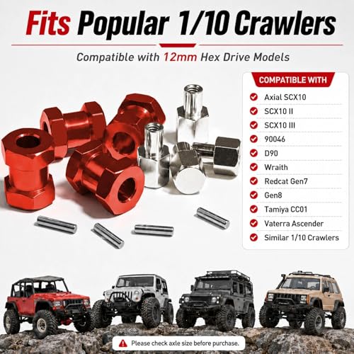 4PCS 12mm Hex Hub 15mm Aluminum Extension Hex for Axial SCX10 D90 90046 | 15mm CNC Wheel Hex Extenders for 1/10 RC Crawlers Redcat Gen7/Gen8 CC01 RC4WD Wider Stance & Tire Clearance with M4 Nuts Pins - color: Red