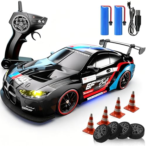 1:20 Scale 4WD RC Drift Car 2.4GHz Featuring LED Lights and Tyres Designed Specifically for Racing and Drifting, Comes with 2 Batteries Suitable for Beginners (Black) - color: 31-black