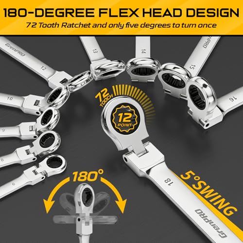 GRENPRO 23PC Flex Head Ratcheting Wrench Set SAE & Metric Mechanic Tools | 1/4"-3/4"&6-18MM Bolt Gauge, CR-V Steel 72-Tooth 180-Degree Flex Head 12Pt, Color Rings, Roll Pouch For Auto & Home Repair - style: 23PCS Flex Head Ratcheting Wrench Set Metric&SAE