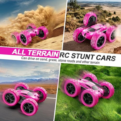 QUNREDA RC Cars, Rose Remote Control Car for Girls, 2.4 GHZ Double Sided RC Stunt Car 360° Rotating Remote Control Crawler with Headlights Car Toys for 6 7 8 9 10 11 12 Girls Birthday Gift - color: Rose