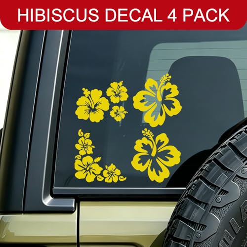 4PCS Hibiscus Car Decal Sticker, Hawaiian Hibiscus Flower Decal Set, White Tropical Flower Stickers, Universal Exterior Decoration Sticker Accessories for Car, Truck, SUV, Door, Wall (Yellow)