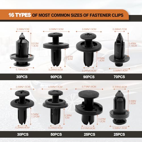 635PCS Auto Fasteners Car Push Retainer Clips Nylon Bumper Fender Rivets, 16 Most Popular Sizes with 10 Cable Ties Fasteners and Fasteners Remover Compatible with Toyota GM Ford Honda Acura Chrysler
