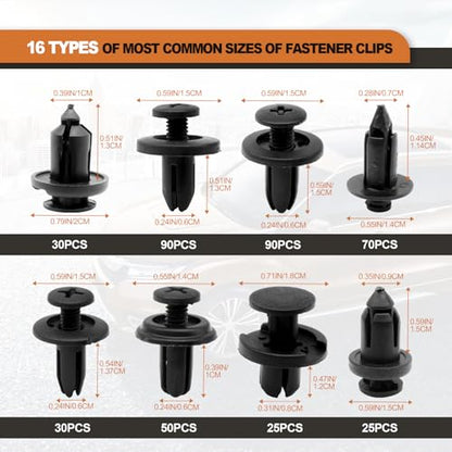 635PCS Auto Fasteners Car Push Retainer Clips Nylon Bumper Fender Rivets, 16 Most Popular Sizes with 10 Cable Ties Fasteners and Fasteners Remover Compatible with Toyota GM Ford Honda Acura Chrysler