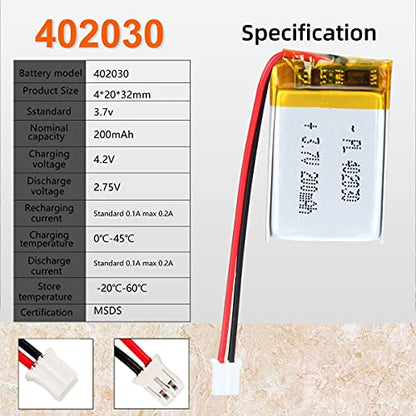 3.7V 180mAh 402030 Lipo Battery Rechargeable Lithium Polymer ion Battery Pack with PH2.0mm JST Connector
