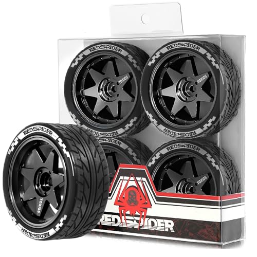 REDSPIDER 1/10 On Road Tires and Metal Wheels 12mm Hex RC Rally Racing Tyres OD 2.55" 4PCS for Tamiya TT01 TT02 XV01 TA06 A959 PTG2 HPI KYOSHO PTG2 Traxxas 1:10 Street Touring Drift Car (Black) - color: Black