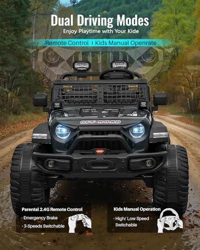 Blitzshark 24V MAX Ride-on Truck 2 Seater, 4WD Kids Electric Vehicle | XXL Battery Powered Car, with 480W Ultra Powerful Motor, 7AH Battery, Remote Control, Full-Metal Suspension& Sticker,Black - color: Black
