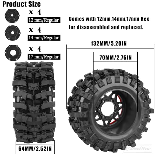 1/10 Scale RC Truck Tires,Wheels and Tires w/12/14/17MM Hex for Rustler Stampede Hoss,Arrm a Granite Vorteks Big Rock 3S,1/10 Off Road Tires Rubber Truck Tyres w/Foam Insert,Black w/Red - color: Black W/Red(4pcs)