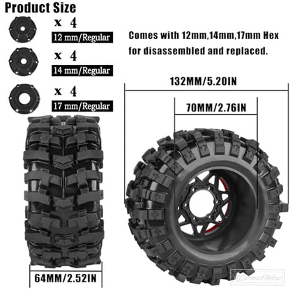 1/10 Scale RC Truck Tires,Wheels and Tires w/12/14/17MM Hex for Rustler Stampede Hoss,Arrm a Granite Vorteks Big Rock 3S,1/10 Off Road Tires Rubber Truck Tyres w/Foam Insert,Black w/Red - color: Black W/Red(4pcs)