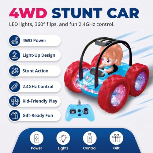 4WD RC Stunt Car for Kids Ages 3+, Blue Car with Girl | LED lights, built-in music, 360° spins, 180° flips, 2.4GHz remote, solid tires, indoor outdoor play - color: Blue