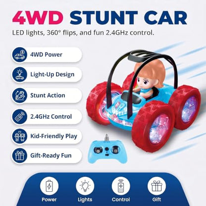 4WD RC Stunt Car for Kids Ages 3+, Blue Car with Girl | LED lights, built-in music, 360° spins, 180° flips, 2.4GHz remote, solid tires, indoor outdoor play - color: Blue