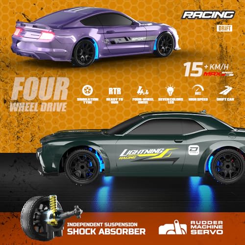 1:43 Scale Mini RC Drift Car, 2.4GHz 4WD Desktop RC Drift Car, 15KM/h Handheld Racing Mini Vehicle with LED Lights, Speed Switching Racing Sport Toy for Adults Teens (Purple) - size: Purple