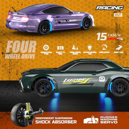1:43 Scale Mini RC Drift Car, 2.4GHz 4WD Desktop RC Drift Car, 15KM/h Handheld Racing Mini Vehicle with LED Lights, Speed Switching Racing Sport Toy for Adults Teens (Purple) - size: Purple