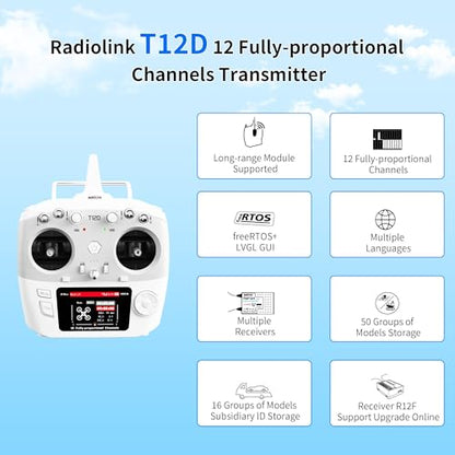 Radiolink T12D 12CH Transmitter R12F Receiver, 4km for Drone/Airplane/Car | 2.4GHz, Long Range RC Remote Controller for RC Airplane, Drone, Crawler, Car, Boats, Supports Micro ELRS Long Range Modules