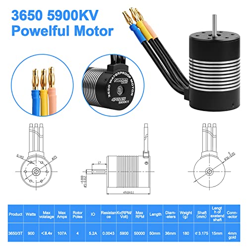 3650 5900KV Sensorless Brushless Motor,120A ESC & Program Card Set | RC Motor ESC Combo 3.175mm Shaft Waterproof Motor for 1:10 Scale RC Car Truck Update Parts