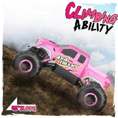 Double E Pink Monster Truck Remote Control Car for Girls | Cool 4WD RC Truck Toy with Off-Road Tires, Fun Outdoor Gift for Kids Ages 6-12 - color: Pink