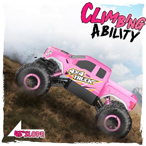 Double E Pink Monster Truck Remote Control Car for Girls | Cool 4WD RC Truck Toy with Off-Road Tires, Fun Outdoor Gift for Kids Ages 6-12 - color: Pink