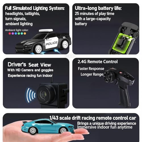 MG034 FPV Drift RC Car with VR Goggles&Camera for Thrilled Rxperience,20KM/H Remote Control Car- Gyro,Drift/Racing Tires,Full Simulated Lighting System,4WD RC Car Toy for Adult (Black, FPV Version) - color: Black