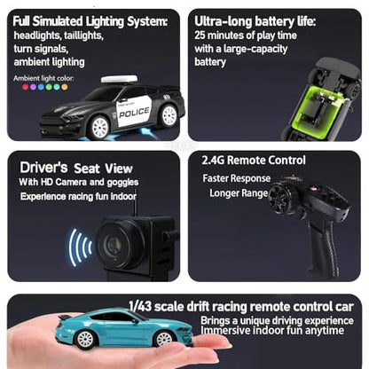 MG034 FPV Drift RC Car with VR Goggles&Camera for Thrilled Rxperience,20KM/H Remote Control Car- Gyro,Drift/Racing Tires,Full Simulated Lighting System,4WD RC Car Toy for Adult (Black, FPV Version) - color: Black