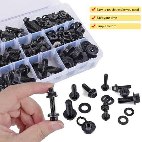Flange Bolts Assortment Kit, M6 x 1.0, M8 x 1.25 M10 x 1.0 Flange Bolts Flange Nuts Assorted Bolts Metric Full Coarse Thread Nuts and Washers, Alloy Steel