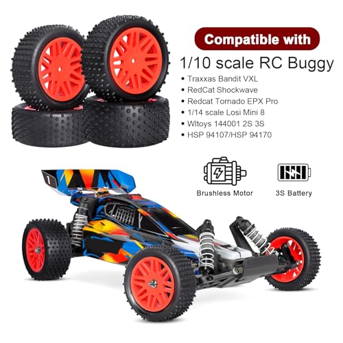 Preglued 12mm Hex Wheel Rims Rubber Tires with Foam Inserts OD 86mm/3.38" for Traxxas Bandit WLtoys 144001 Redcat 1/10 RC Off-Road Buggy Car, Set of 4 (Color C)