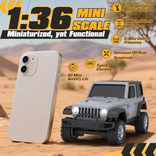 [2026 Upgrade 1/36 Mini RC Crawler, 4WD Micro Off Road Truck | Gray Micro RC Crawler, 1/36 RC Crawler Mini RC Truck Toys for Ages 8-14, Birthday Gifts for Boys Girls, RTR 2.4GHz - color: Gray