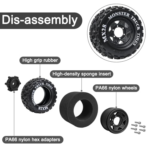 LRFHL MX28 F/R 2.8" RC Monster Truck Tires and Wheels 4PCS, Black | 12mm/14mm Hex Adapter, 1/10 RC Monster Truck, Compatible with Traxxas Stampede Rustler Redcat Arrma Vorteks Big Rock Granite - color: Black Tires+ Black Hex Wheel-9