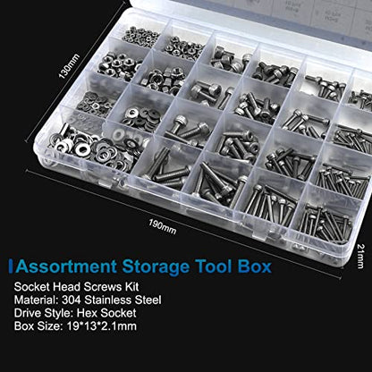 NINDEJIN Black & Silver Hex Socket Head Screws Bolts Nuts and Flat Washer Assortment Kit(Hex Socket Flat/Button/Cap Head) (580Pcs Hex Button Head Socket Screws Nuts) | 304 Stainless Steel Machine Screws Kit, for Home, Office equipment, Communication Equip