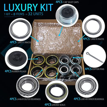 iBroPrat 4 Sets 3500 LB L68149 L44649 Boat Trailer Axle Bearing Kits | with 171255TB/10-19 Grease Seals, 1.98" Dust Covers and Rubber Plugs, Cotter Pins for #84 Spindle
