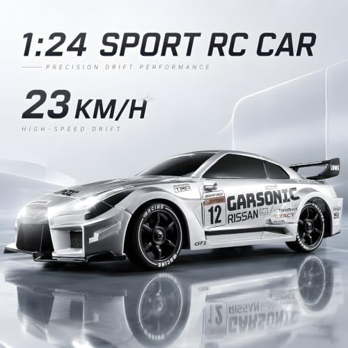 RC Drift Car, 1:24 Scale Remote Control Vehicle with LED Lights,Drifting Tires＆Two Batteries, Racing Sports Toy Idea Gift for Adults Boys Girls and Kids - color: Silver