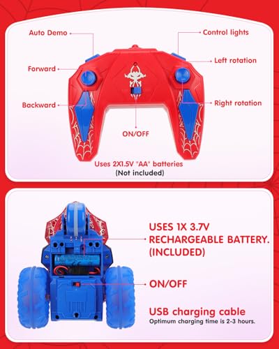 Spider RC Stunt Tricycle for Boys, 3-Wheel Remote Control Motorcycle Car with 360° Rotation & Double-Sided Driving, 2.4GHz Rechargeable LED Stunt RC Car Toy Gift for Kids Ages 3-9 - color: Spider