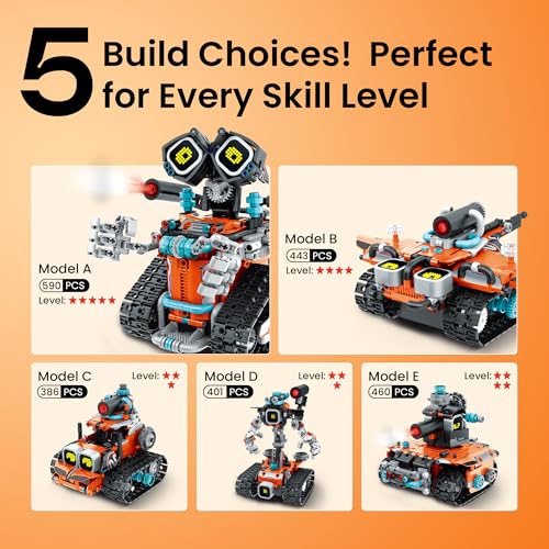 Sillbird Robot Building Kit with Remote Control STEM Gift for Boy Ages 8-14 | Coding Toys for Kids & Teens, Learn Through Robotics Play, Buildable 5in1 Models, App-Controlled, Rechargeable, 596 Pieces - color: Orange