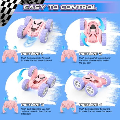 cosone Pink Purple RC Stunt Car for Kids | 360° Rotating Tricks, Double-Sided Driving, LED Lights, USB-C Rechargeable Battery, One-Click Demo - color: Purple&pink Pro