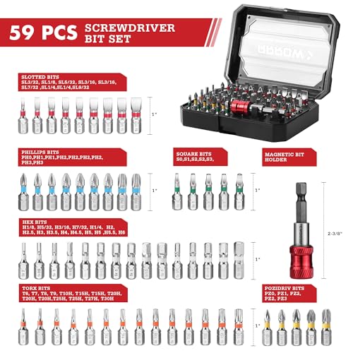 ARROW 59-Piece 1/4" Screwdriver Bit Set, S2 Steel Color-Coded Bits with Magnetic Bit Holder & Storage Case, Compatible with Power Drill, Screwdriver, and Mini Ratchet Wrench - style: 59 PCS Screwdriver Bit Set
