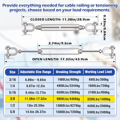 3/8 Turnbuckle Heavy Duty 304 Stainless Steel Turnbuckle Tensioner, 3200 lbs Working Load Limit, Jaw and Jaw Turnbuckles for Cables Wire Shade Sail Deck Ground Anchor (2PCS) - size: 3/8"(M10)-2PCS