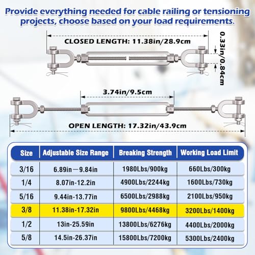 3/8 Turnbuckle Heavy Duty 304 Stainless Steel Turnbuckle Tensioner, 3200 lbs Working Load Limit, Jaw and Jaw Turnbuckles for Cables Wire Shade Sail Deck Ground Anchor (4PCS) - size: 3/8"(M10)-4PCS