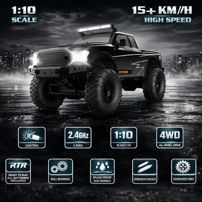 RC Cars RC Crawler 1/10 Scale RTR Remote Control Car 4WD 2.4GHz Brushed Offroad Racing Hobby Grade Model Vehicle with LED Lights 2Pcs Battery Toy for Kids and Adults - color: E-black